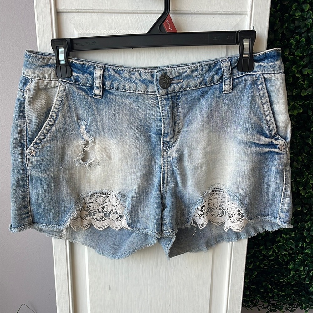 Rue21 Blue and White Jean Shorts Distressed Frayed Hem